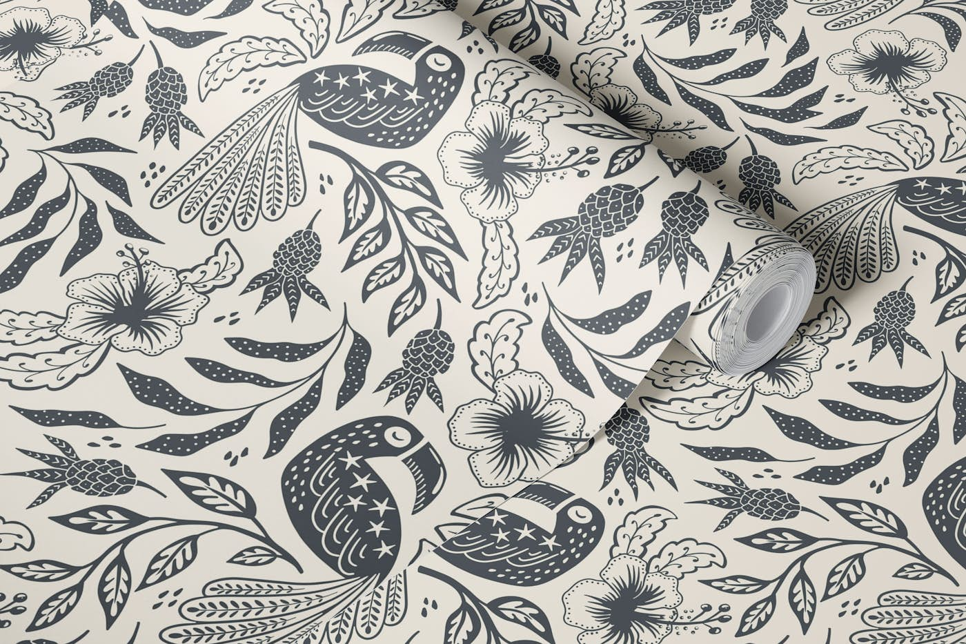 Tropical toucan garden - black and beige wallpaper roll