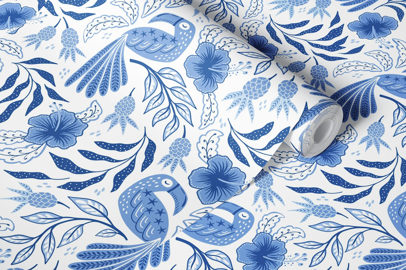 Tropical toucan garden - blue and white wallpaper roll