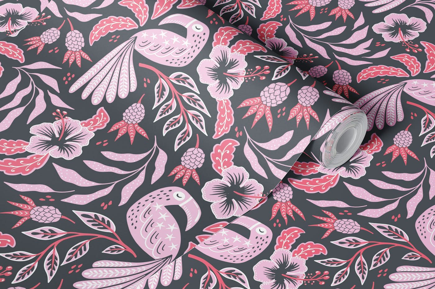 Tropical toucan garden - pink and black wallpaper roll