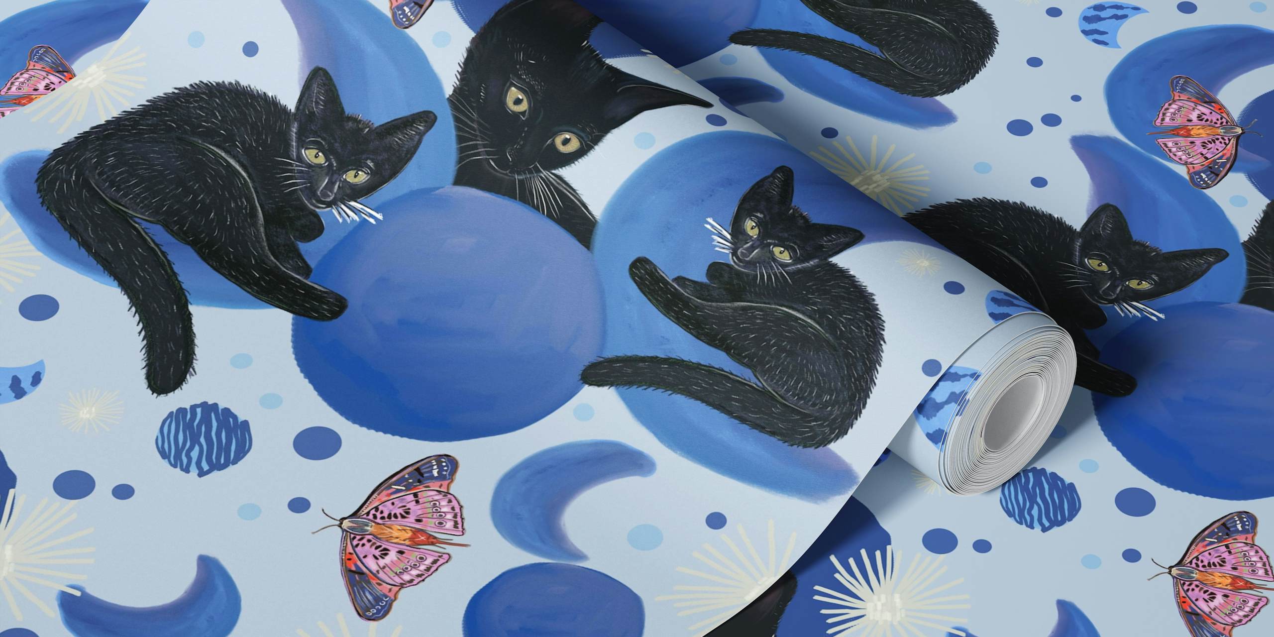 Behang Black cat and moon phases in een kamer