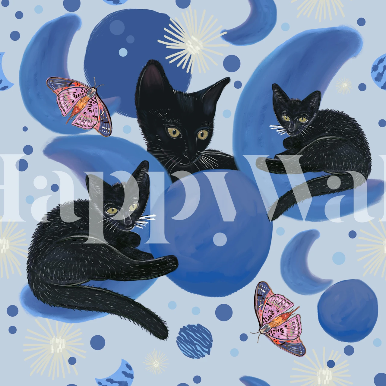 Svarte katter ispedd månefaser og stjerner på et veggmaleri