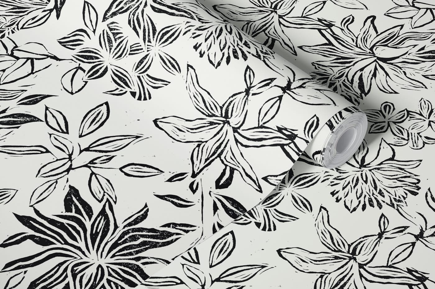 Linocut flowers black on off-white wallpaper roll