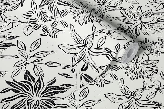 Linocut flowers black on off-whitewallpaper roll