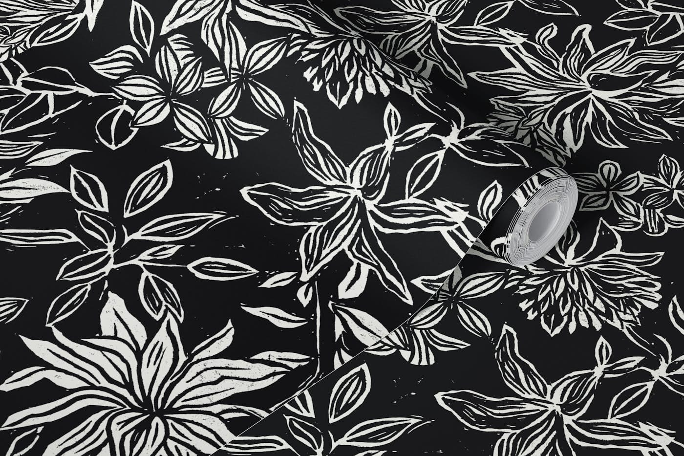 Linocut Flowers off-white on black wallpaper roll