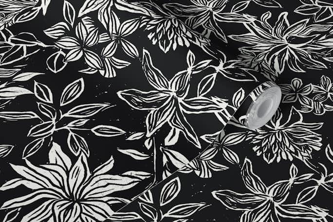 Linocut Flowers off-white on blackwallpaper roll