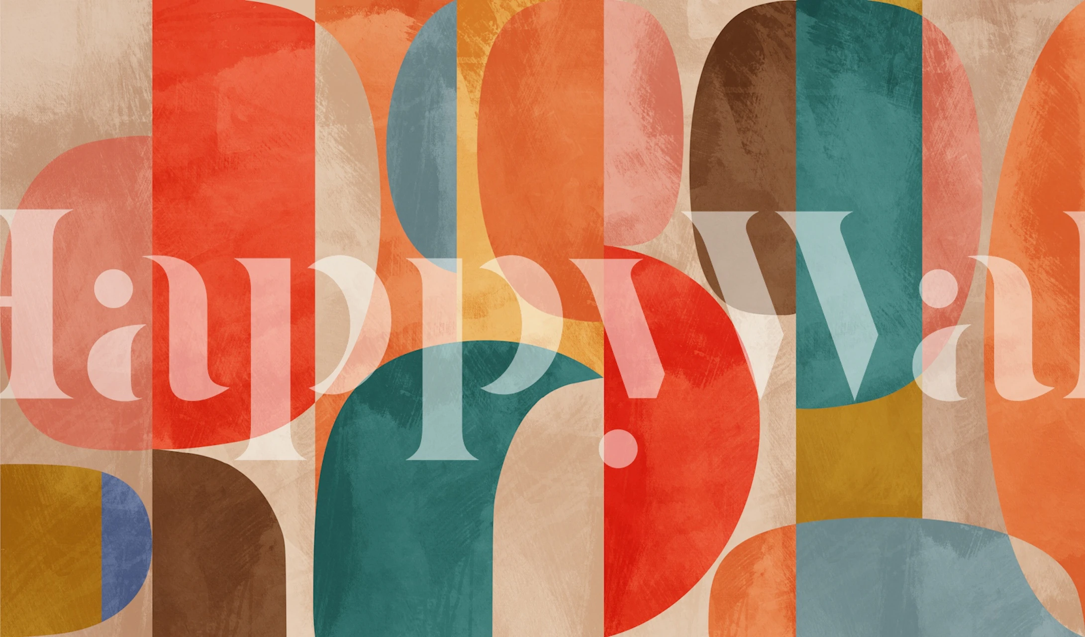 Abstract wall mural with rounded organic shapes in coral red, soft pink, teal, and neutral tones