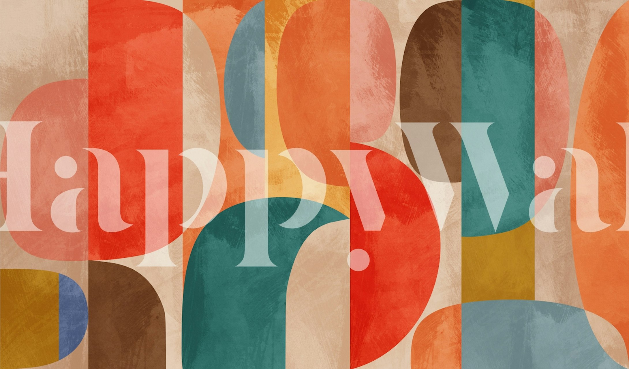 Abstract wall mural with rounded organic shapes in coral red, soft pink, teal, and neutral tones