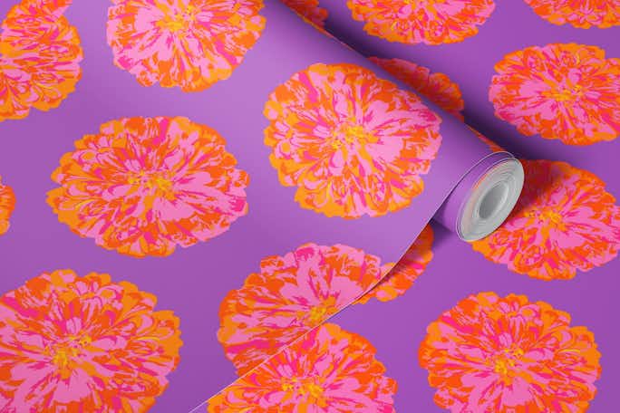CHRYSANTHEMUMS Abstract Floral Orange Violetwallpaper roll