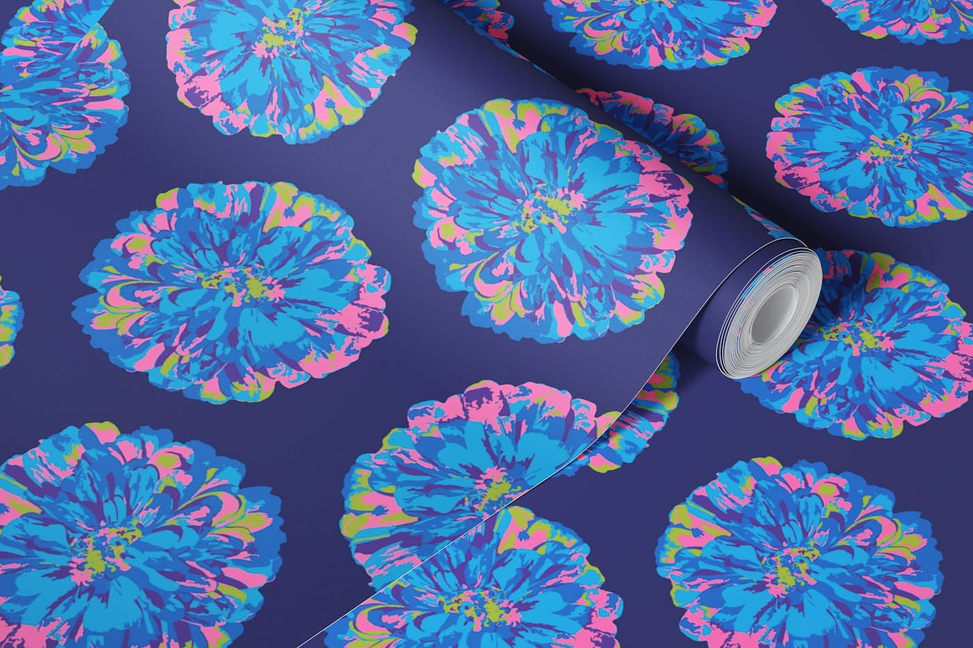 CHRYSANTHEMUMS Abstract Floral Dark Blue wallpaper roll