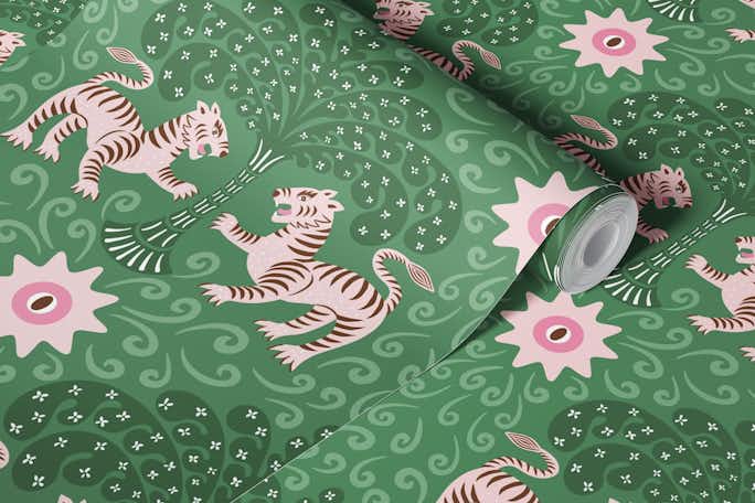 Tribal tiger - green and pinkwallpaper roll