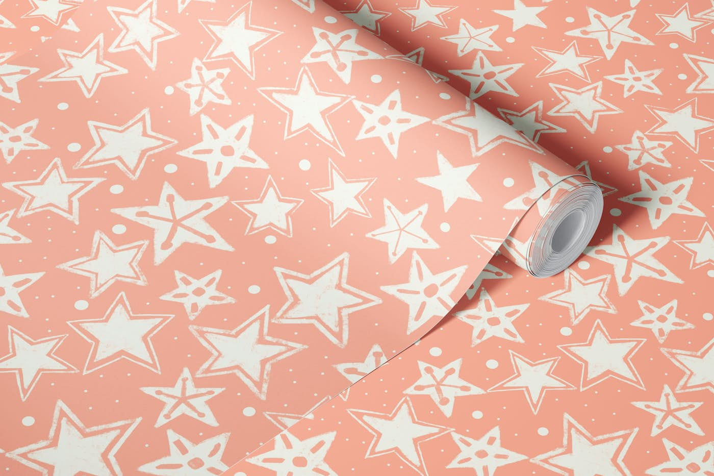 Peachy Starlight: Hand-Drawn Fun Stars wallpaper roll