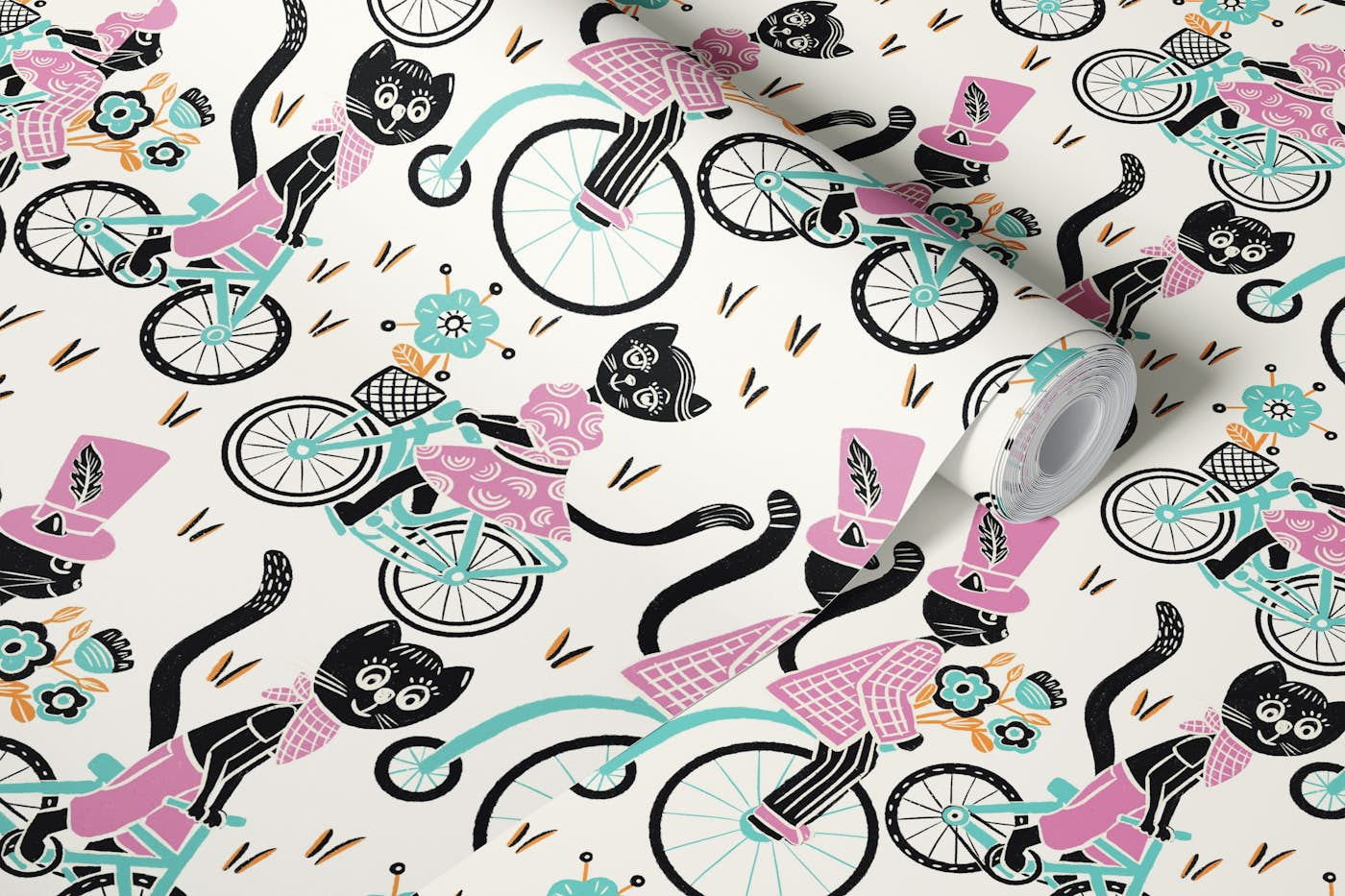 Cats on Bikes: Fun Mint Green and Pastel Pink wallpaper roll