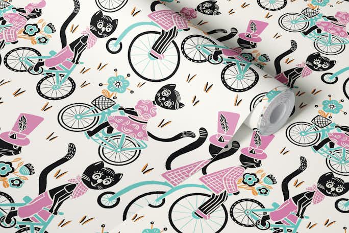 Cats on Bikes: Fun Mint Green and Pastel Pinkwallpaper roll