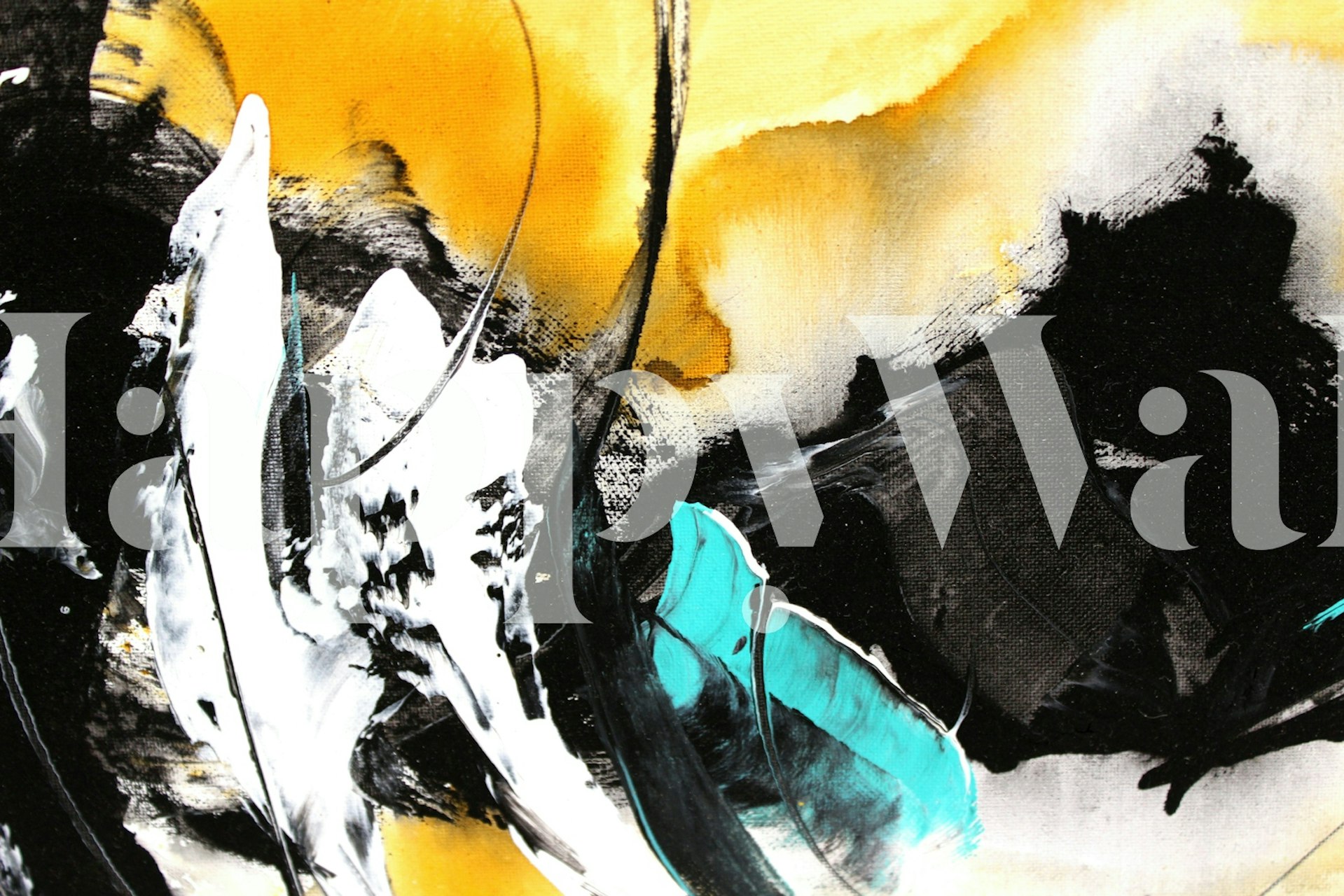 Abstract black and yellow brushstroke design with teal accents wallpaper