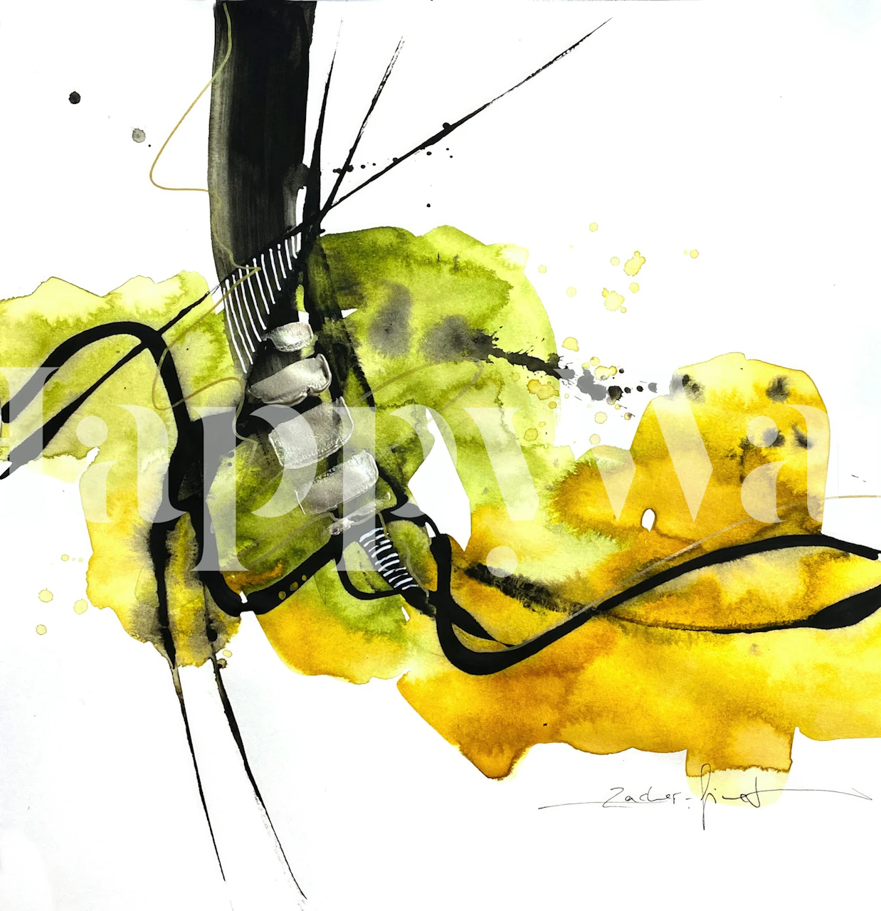 Abstract watercolor brush strokes in yellow and green wallpaper