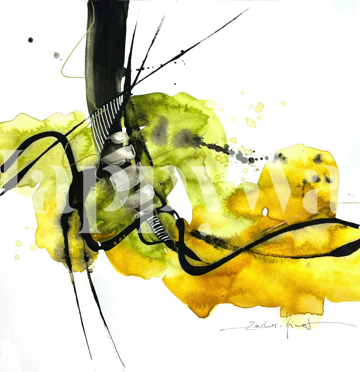 Abstract watercolor brush strokes in yellow and green wallpaper