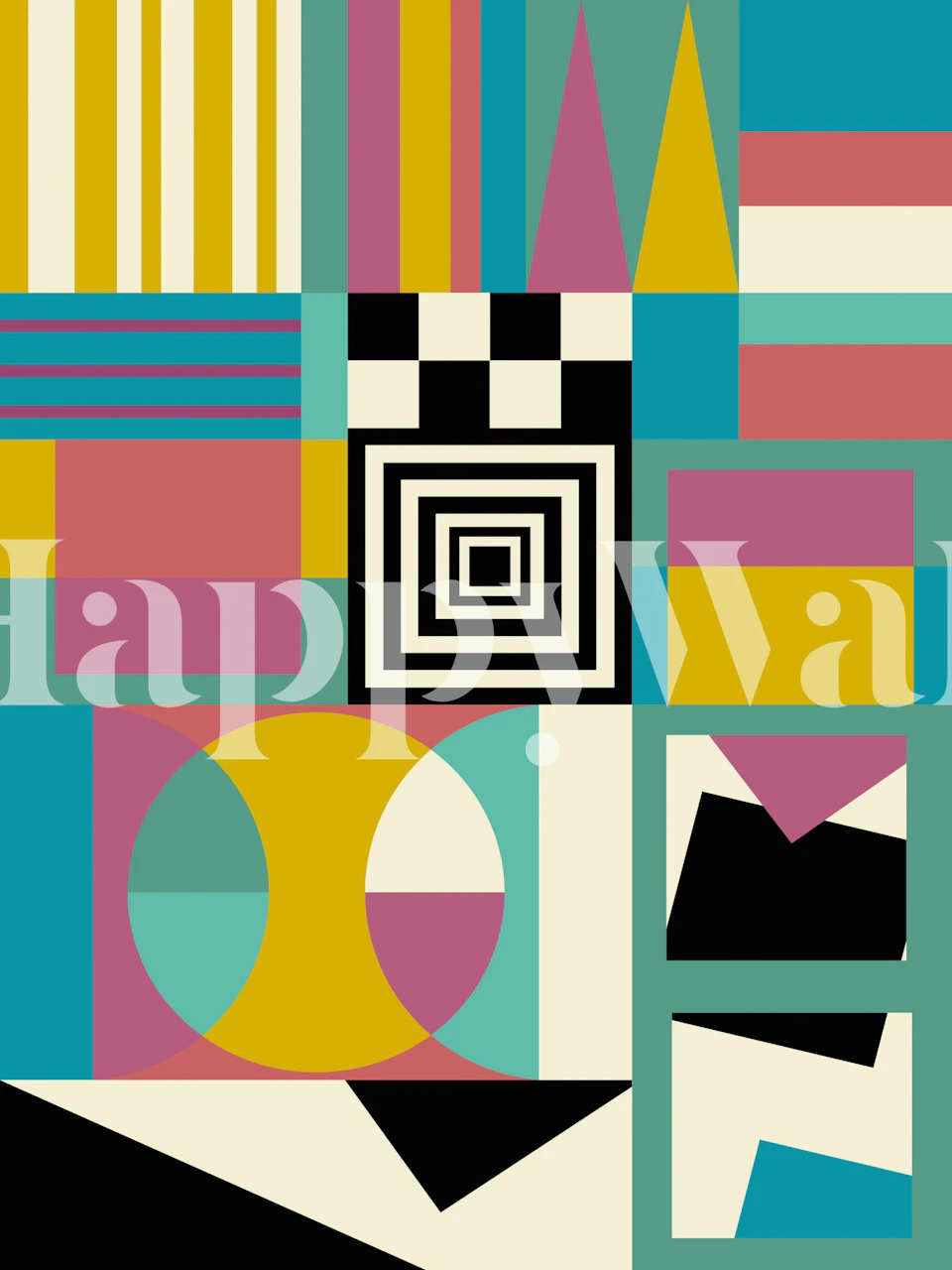 Papel de parede geométrico colorido em um quarto