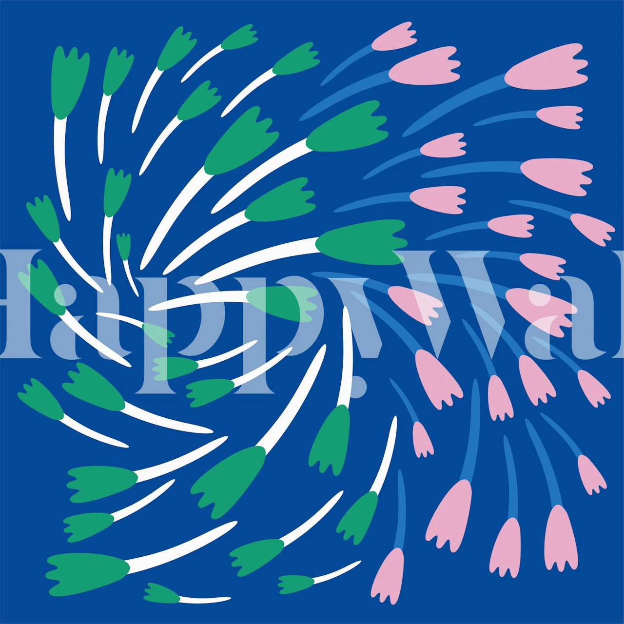 Fundo azul cobalto com um padrão ingênuo de tulipas cor de rosa e fotomural vinílico de parede de hastes verdes