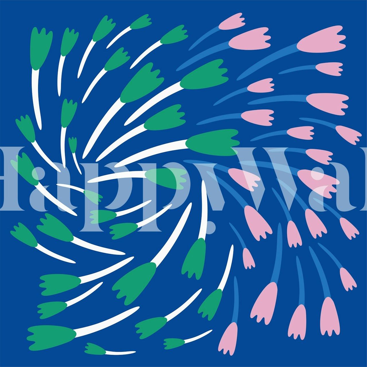 Kobaltno plava pozadina s naivnim uzorkom ružičastih tulipana i zelenih stabljika zidna slika