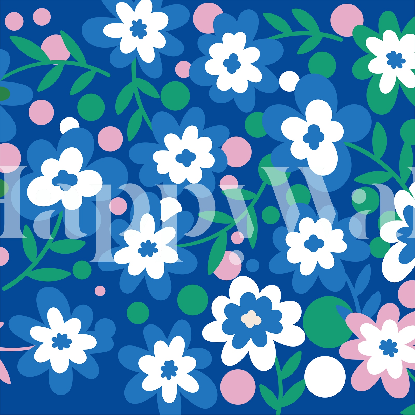 Cobalt blue floral pattern wallpaper Happywall