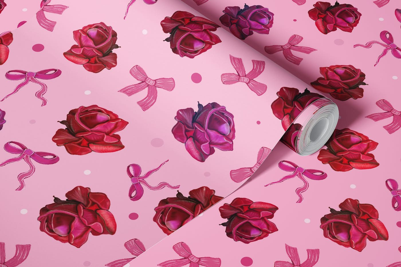 Pink roses and bow ties pattern wallpaper roll