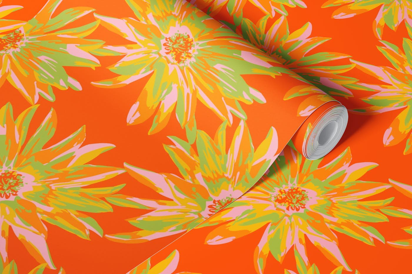 DAHLIA BURSTS Abstract Floral - Orange wallpaper roll