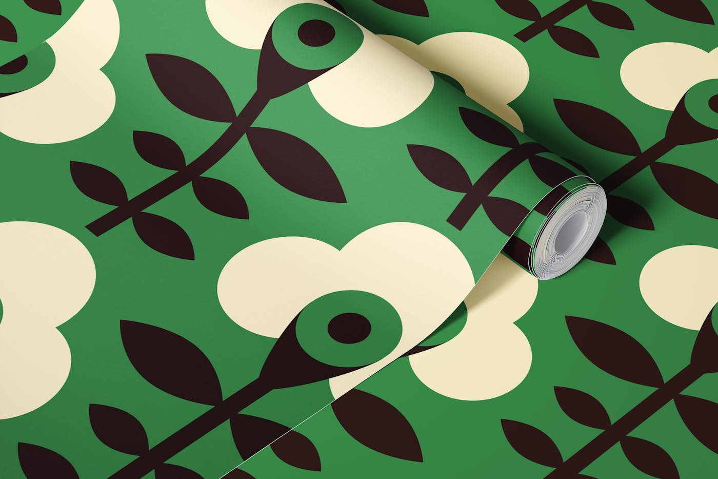 Geometrical retro flowers, green / 2892C wallpaper roll