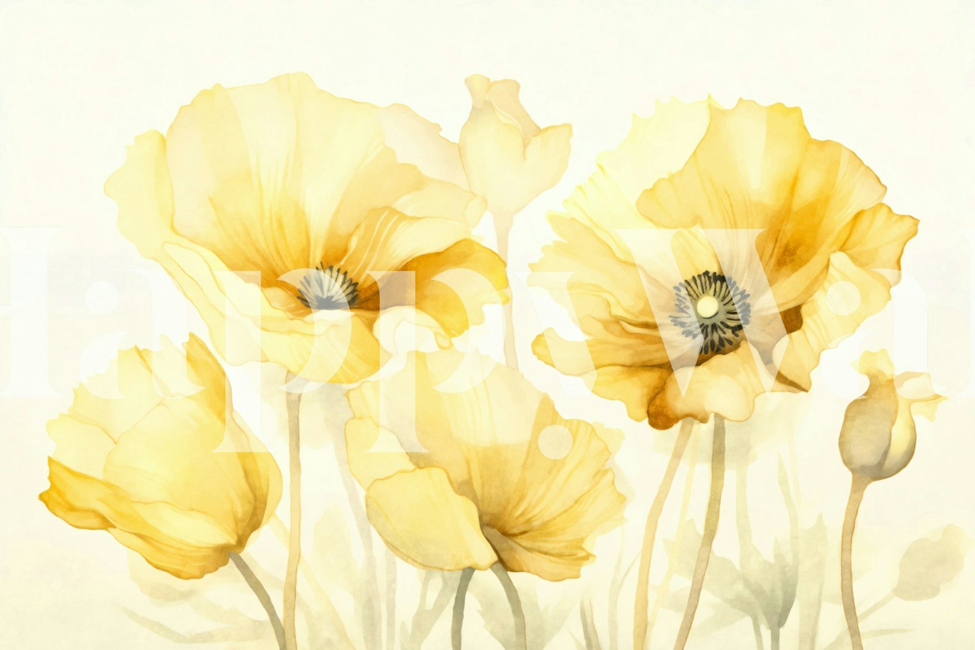 Gule valmueblomster på et lyst baggrundsvægmaleri
