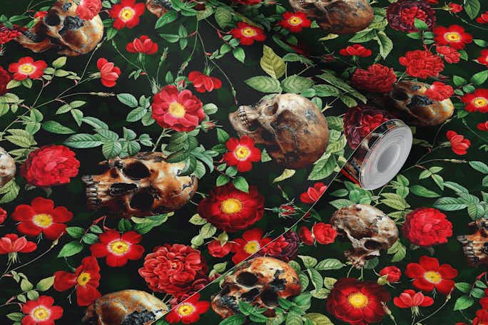 Mystic Gothic Skull Midnight Roses Gardenwallpaper roll