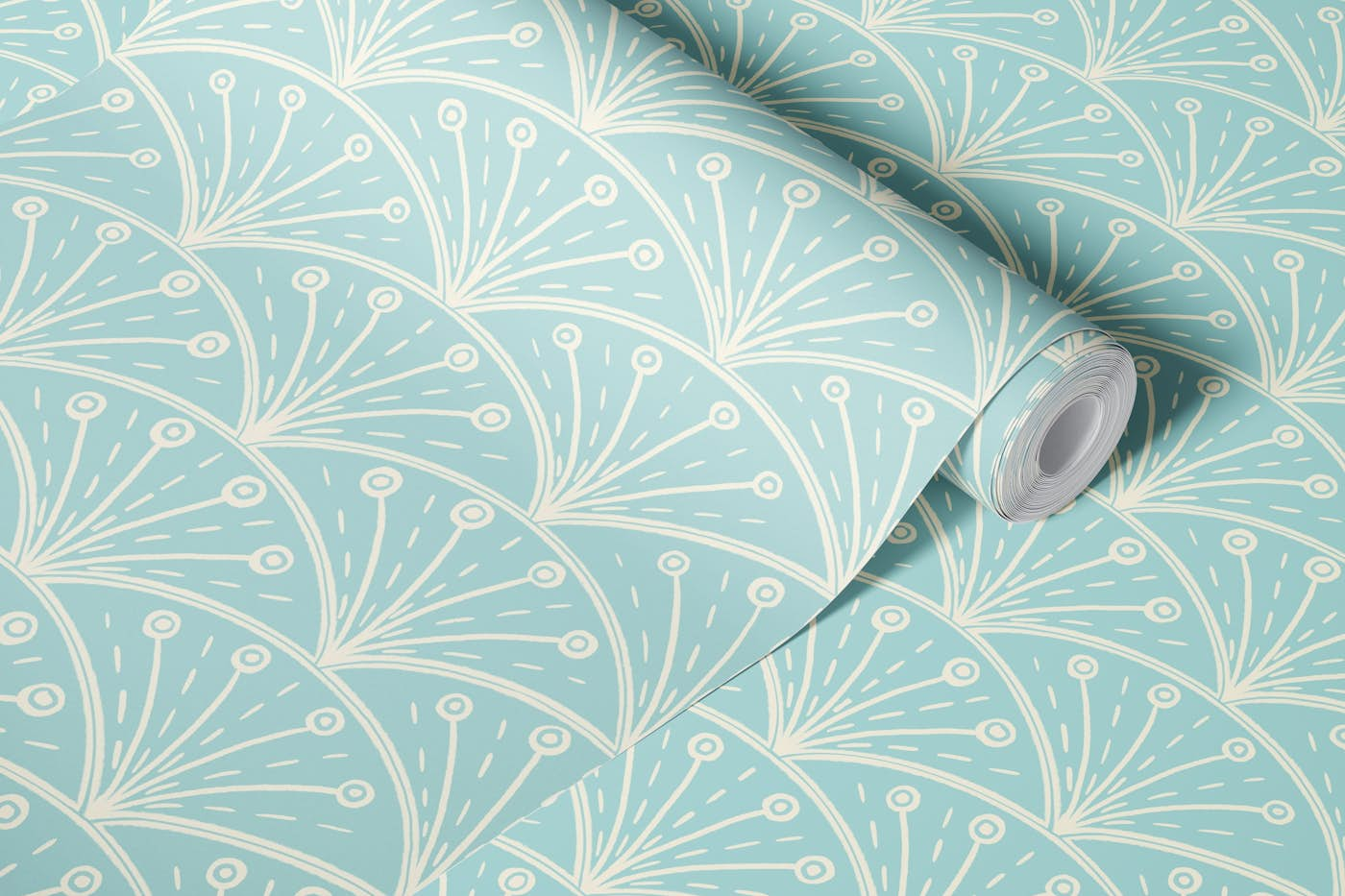 Art deco cream scallops on glacial blue wallpaper roll