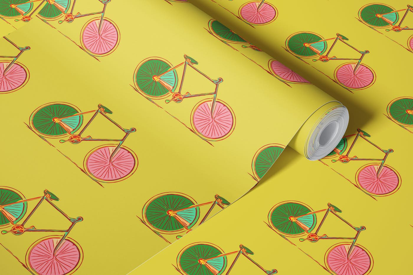 Bicycle Pattern in Lime Yellow wallpaper roll