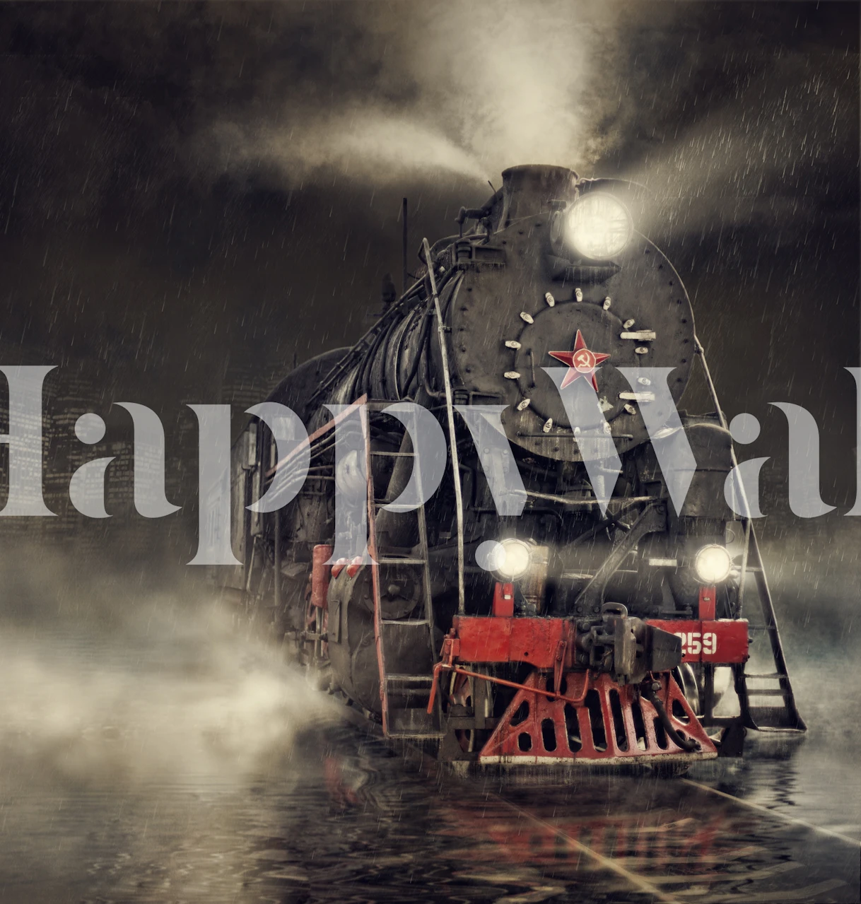 Vintage train in motion with steam, dark atmosphere wallpaper