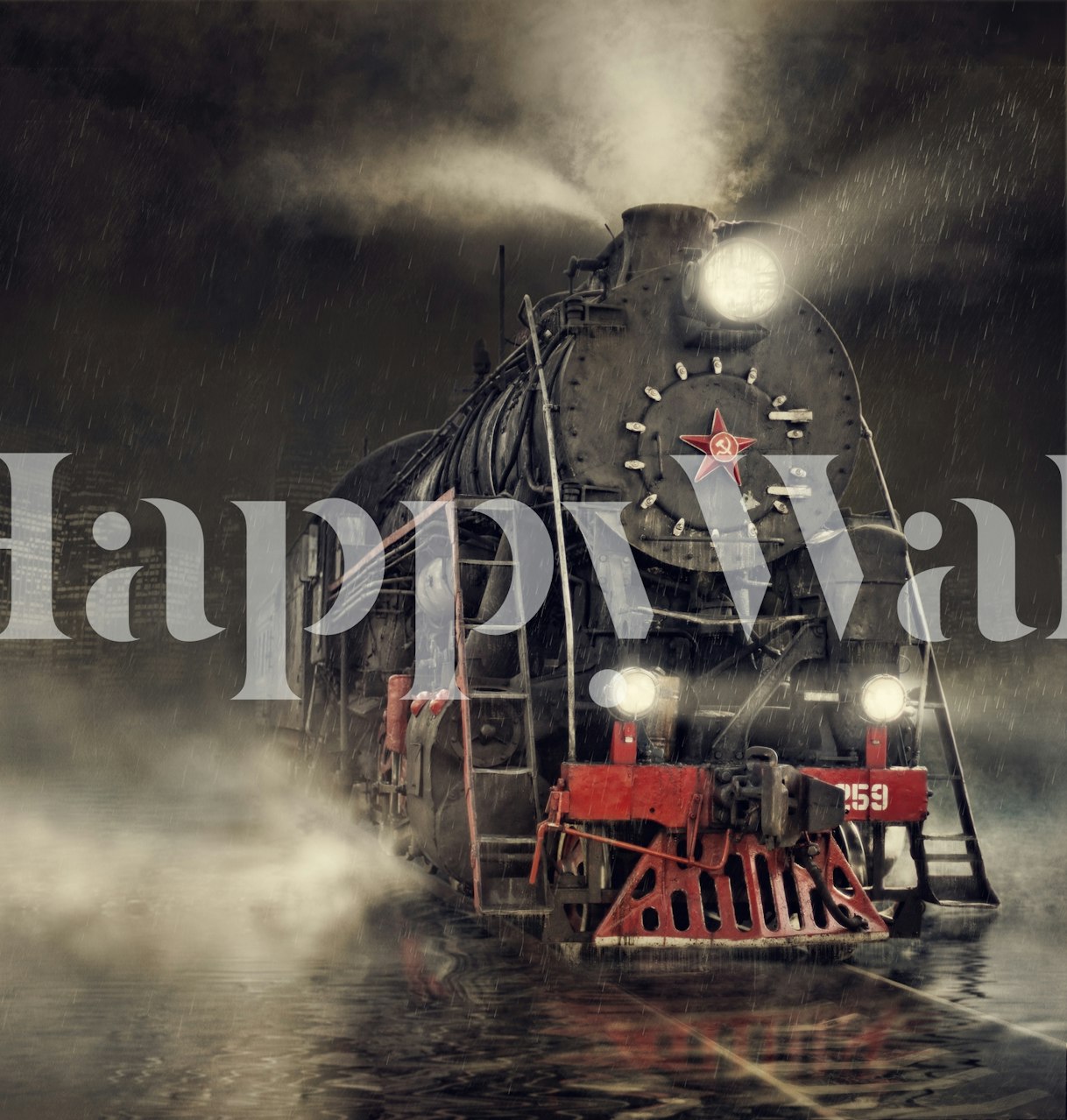 Vintage train in motion with steam, dark atmosphere wallpaper