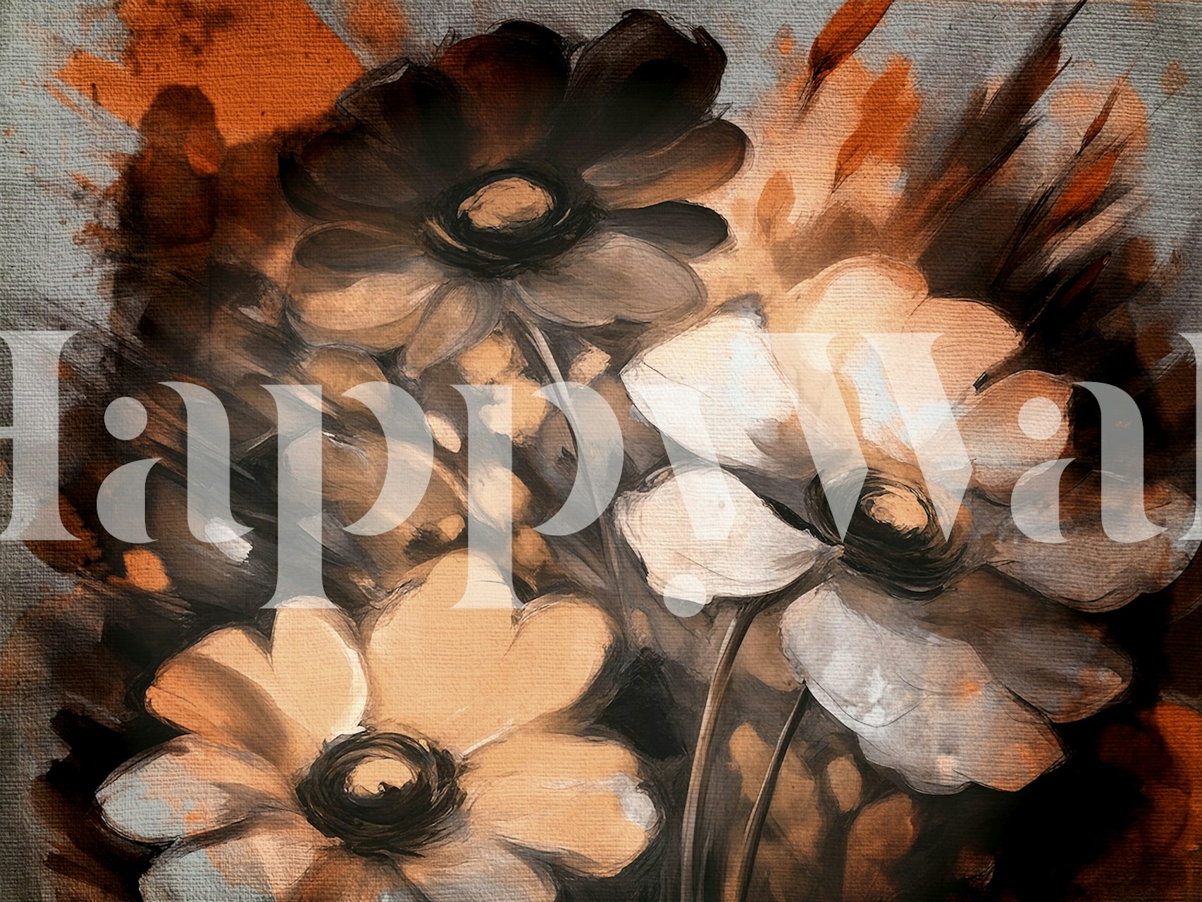Abstract moody floral wall mural with smoky hues and rustic charm