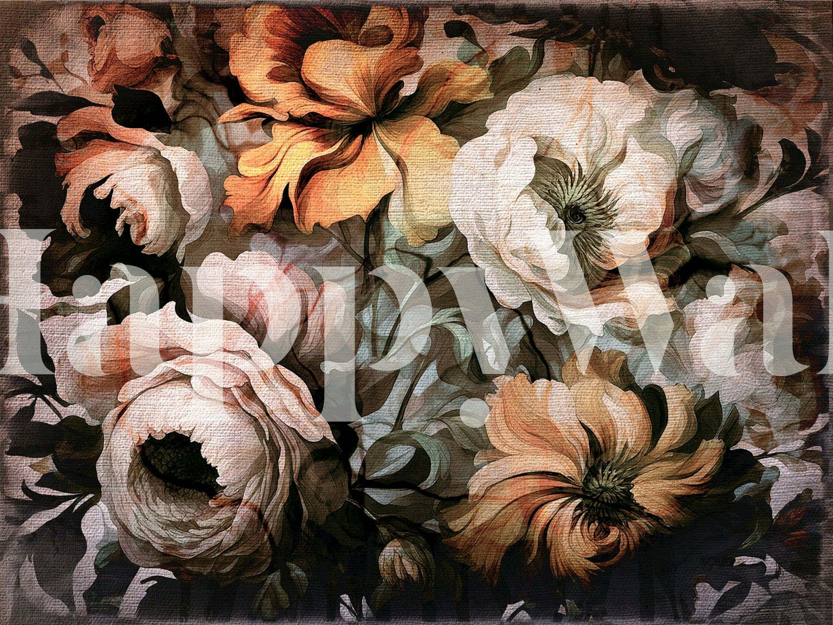 Zidni mural s bogatim, tamnim cvjetnim dizajnom koji prikazuje spoj cvijeća u prigušenim tonovima.