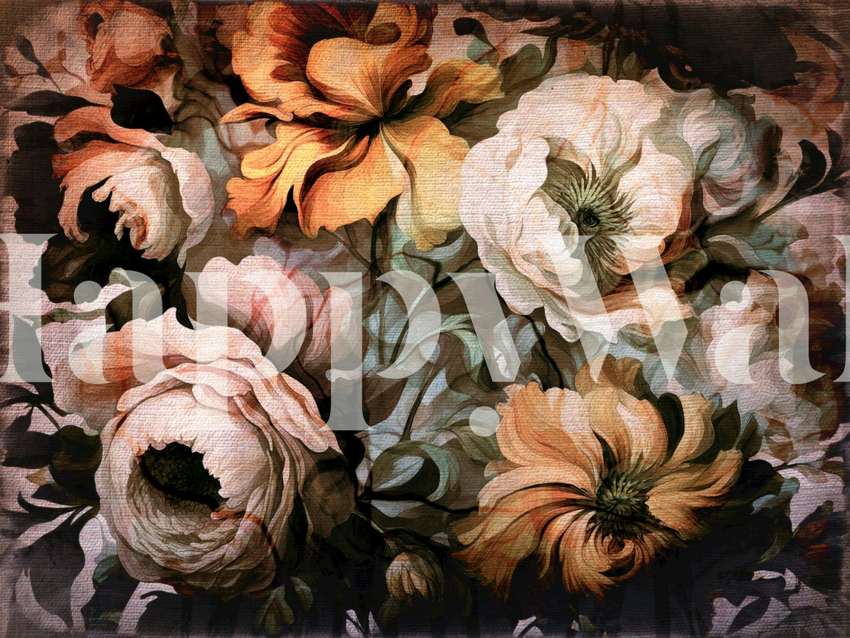 A wall mural with a rich, dark floral design showcasing a fusion of flowers in muted tones.