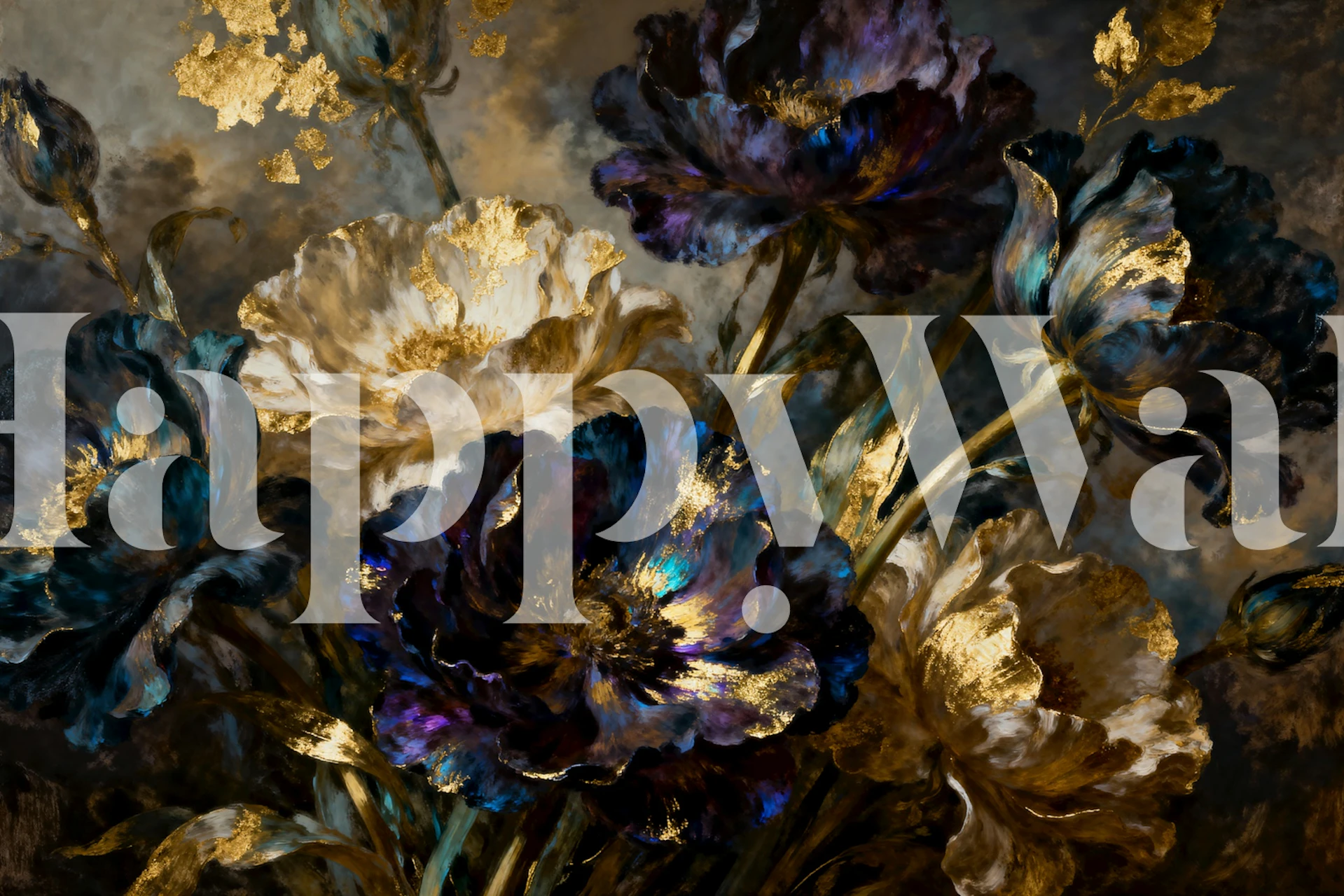 En tapet med en rik, mörk blommig design som visar upp en blandning av blommor i dämpade toner.