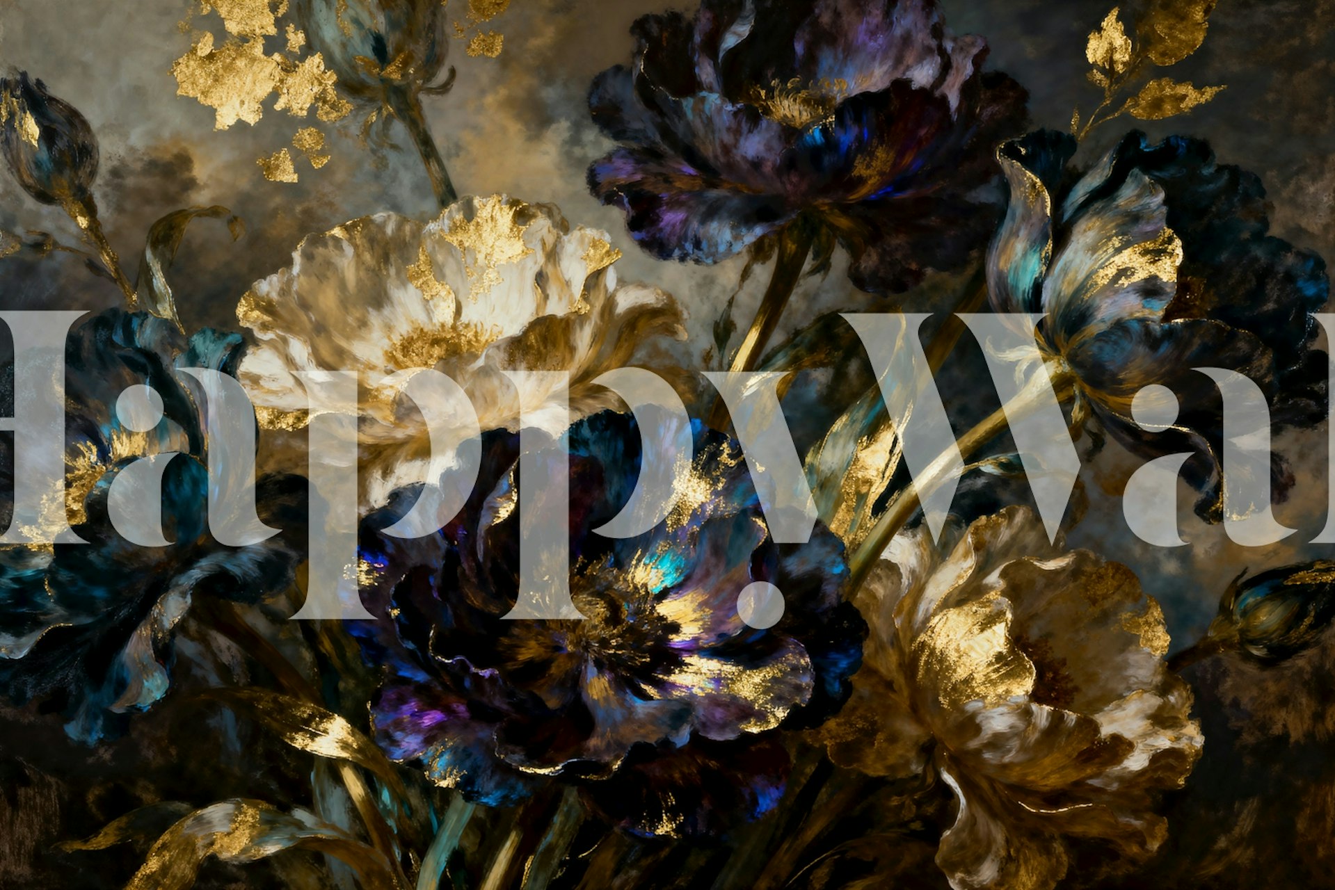 A wall mural with a rich, dark floral design showcasing a fusion of flowers in muted tones.