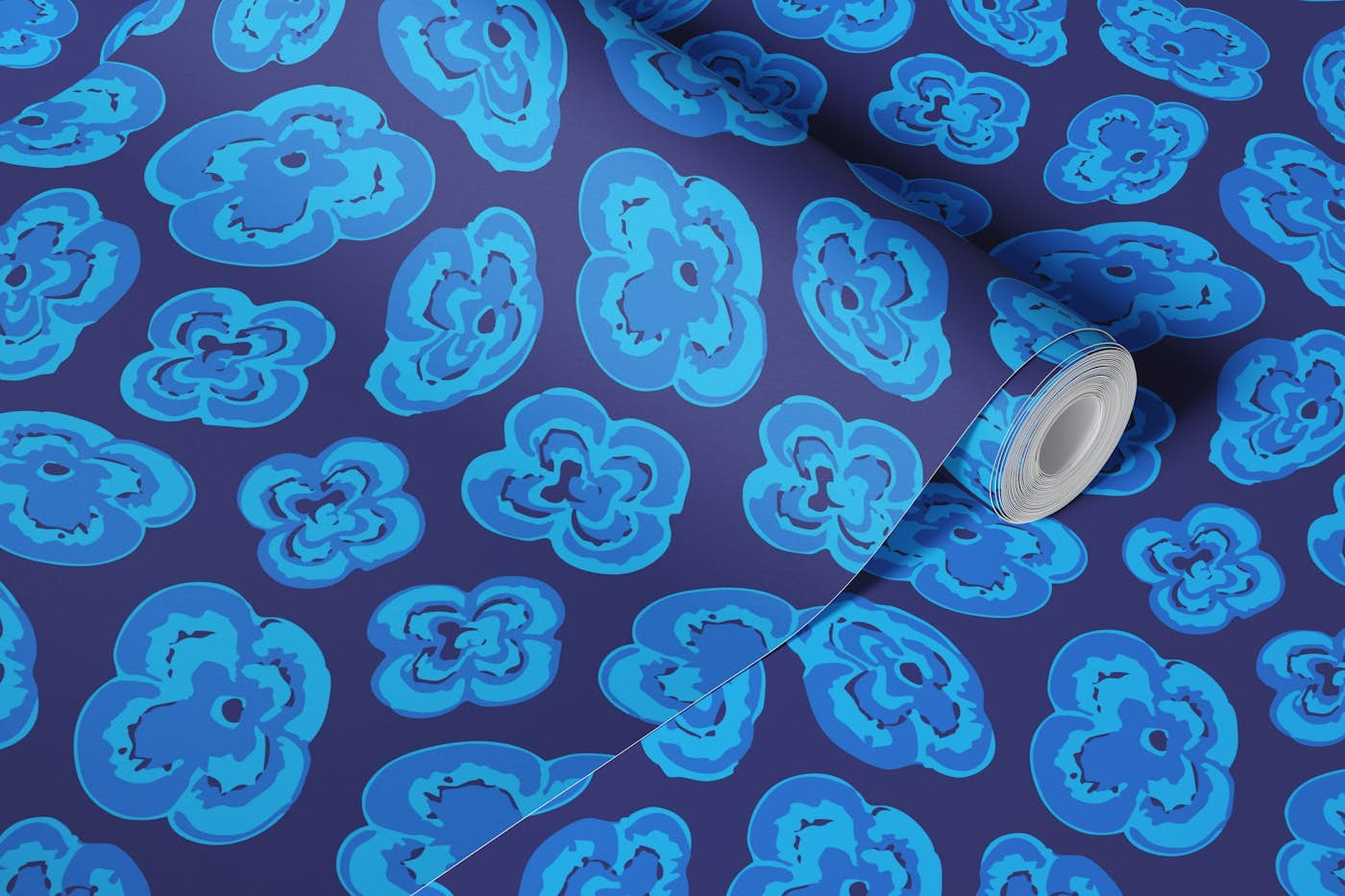 FLOATING LILIES Abstract Floral - Dark Blue wallpaper roll