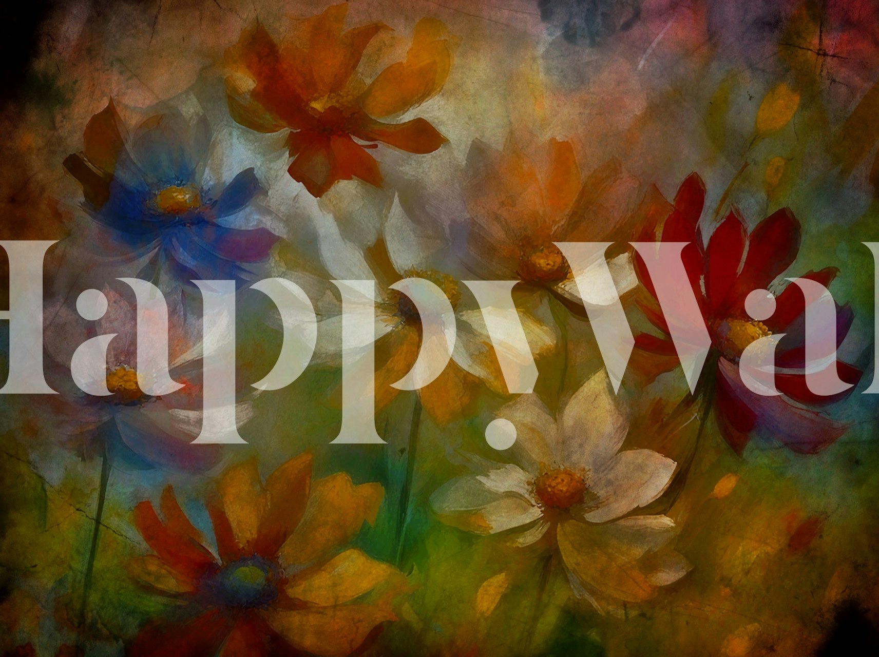 Colorful flowers in shades of red, blue, orange, and white on a textured background wallpaper