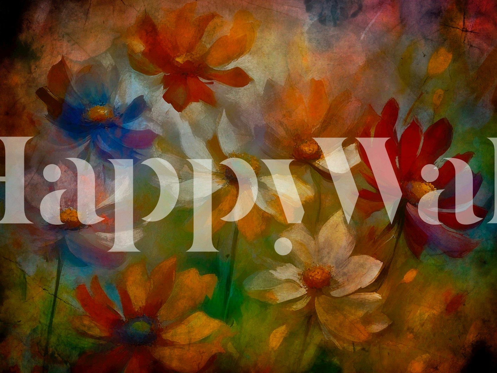 Colorful flowers in shades of red, blue, orange, and white on a textured background wallpaper