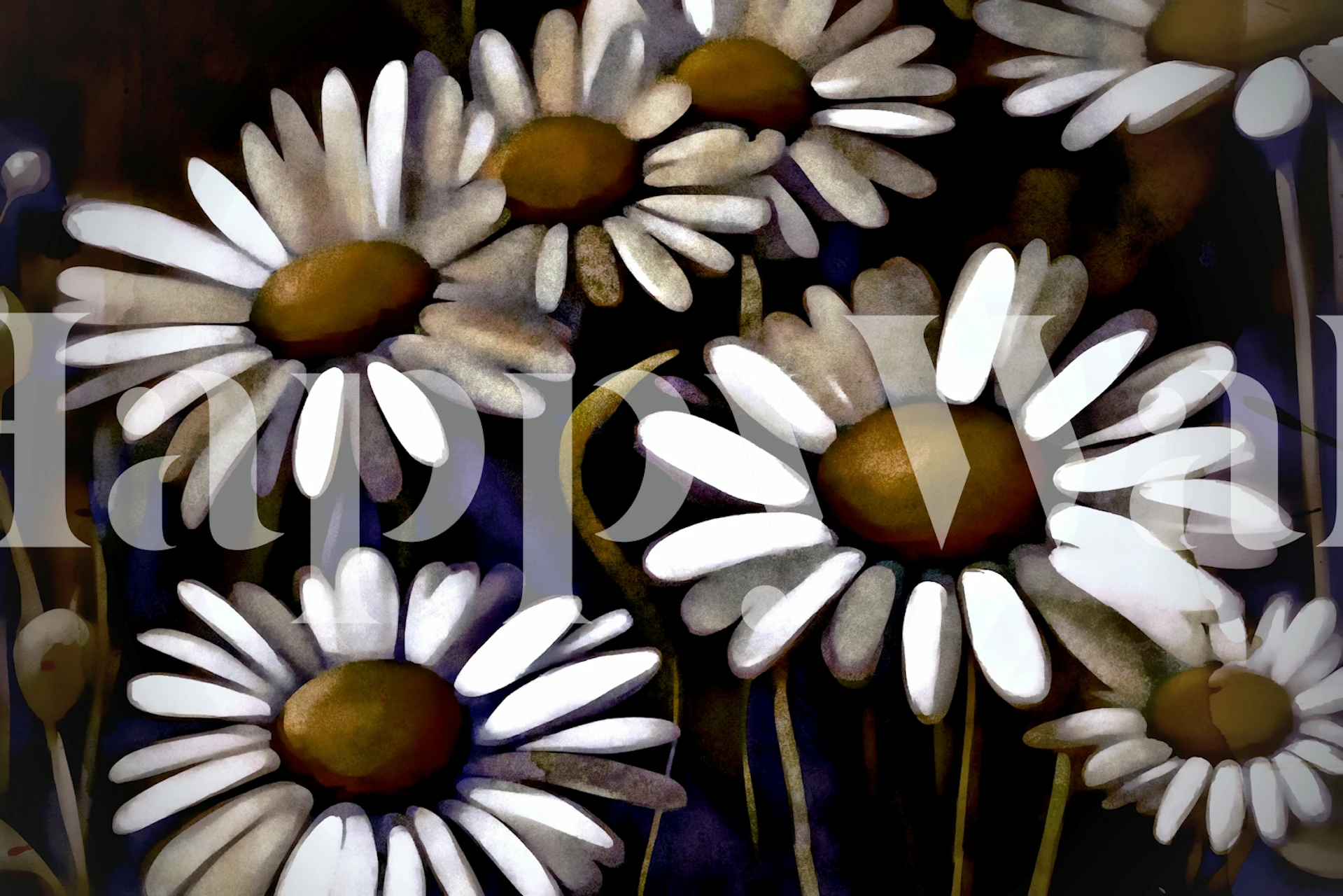 Detailní obraz tmavých, náladových sedmikrásek s hlubokým barevným kontrastem pro fototapetu