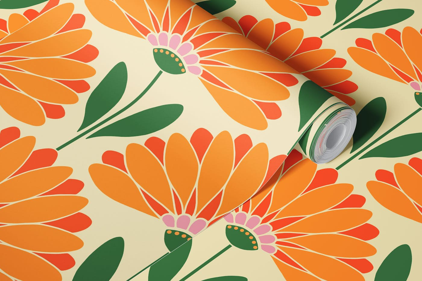 Orange Daisies with Green Leaves - Large wallpaper roll