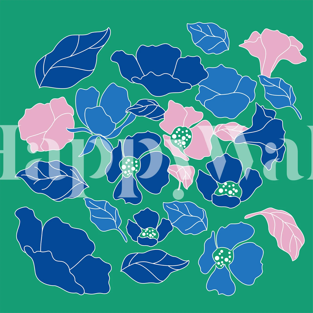 Blue and pink poppies and leaves on green wallpaper