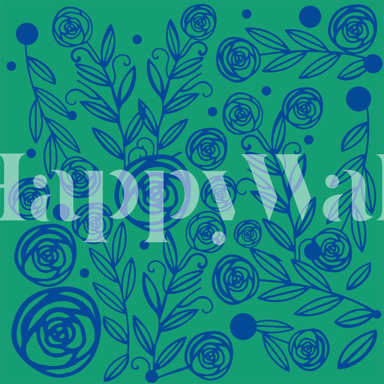 Mossy green and indigo blue rose and grass pattern wall mural