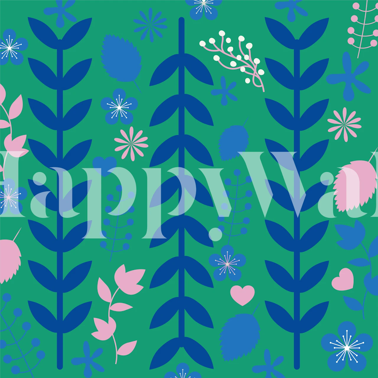 Colorful plant and floral design with blue and pink leaves wallpaper