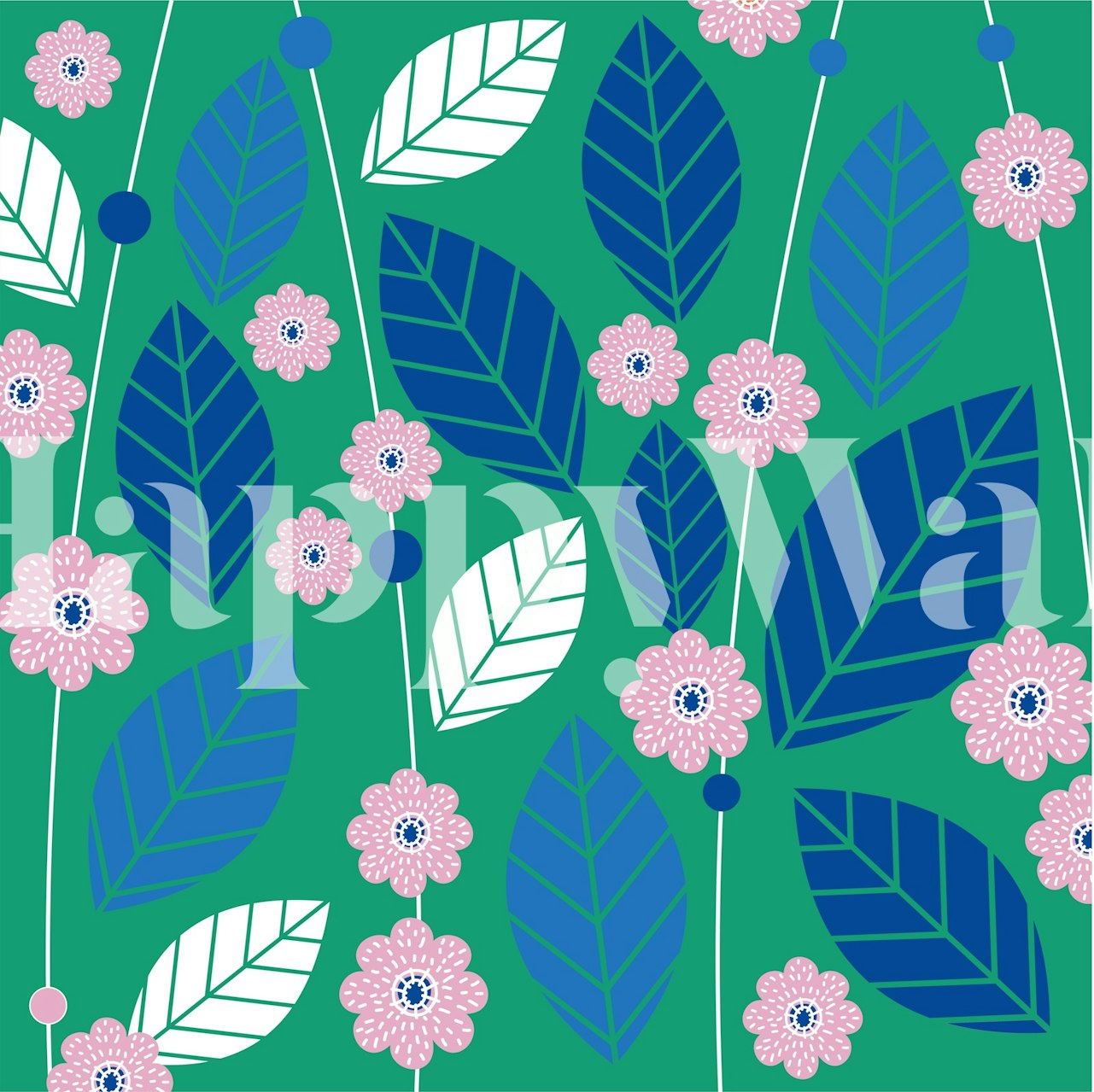 Moss green floral design with pink flowers and blue leaves wallpaper