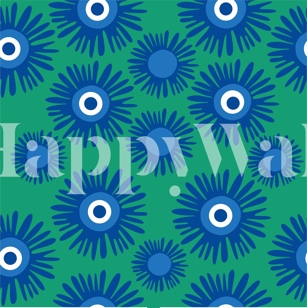Blue floral pattern on a green background wallpaper