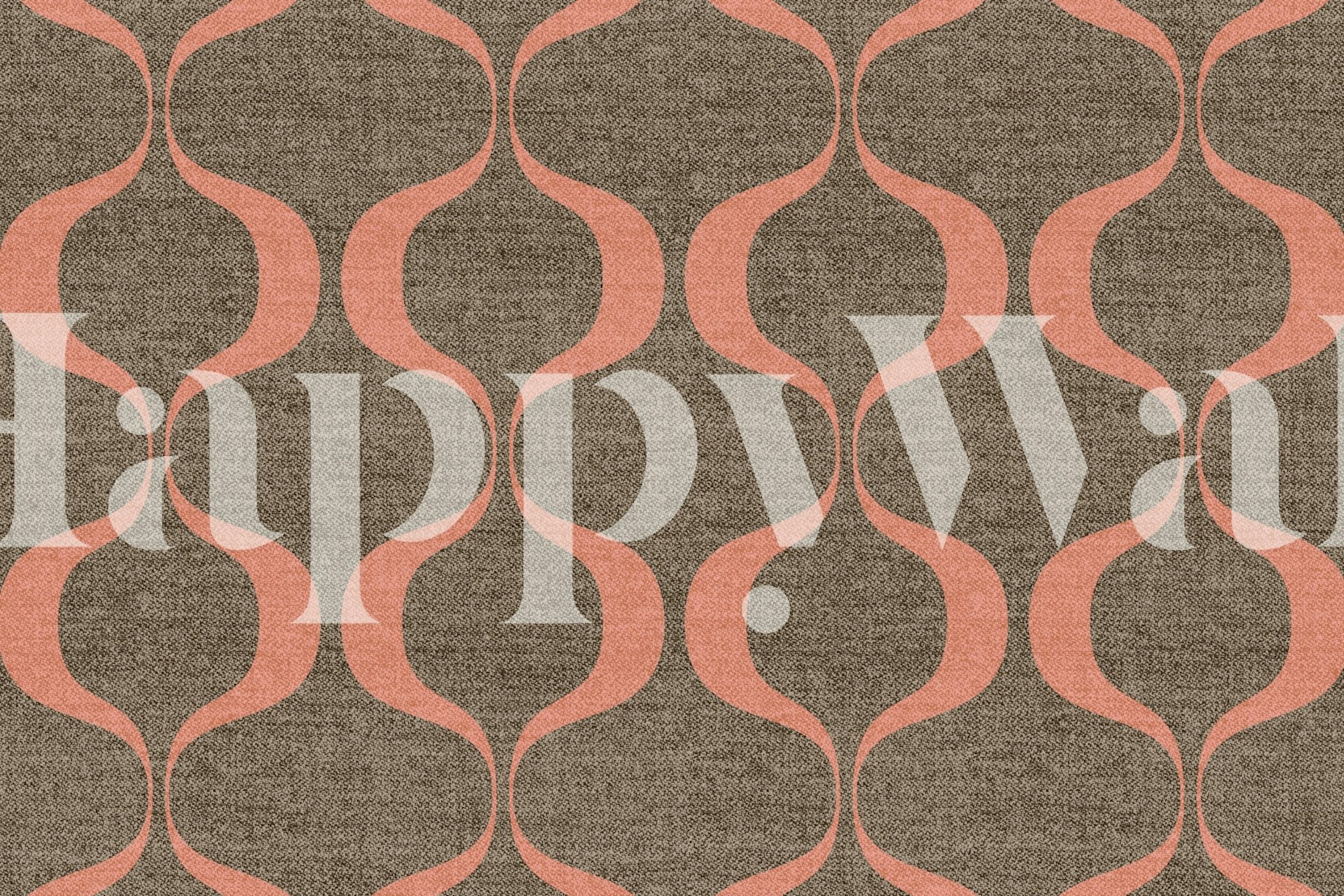 Kudottu 70-luvun tyylinen kuviotapetti lämpimillä maanläheisillä sävyillä ja kaarevilla muodoilla.