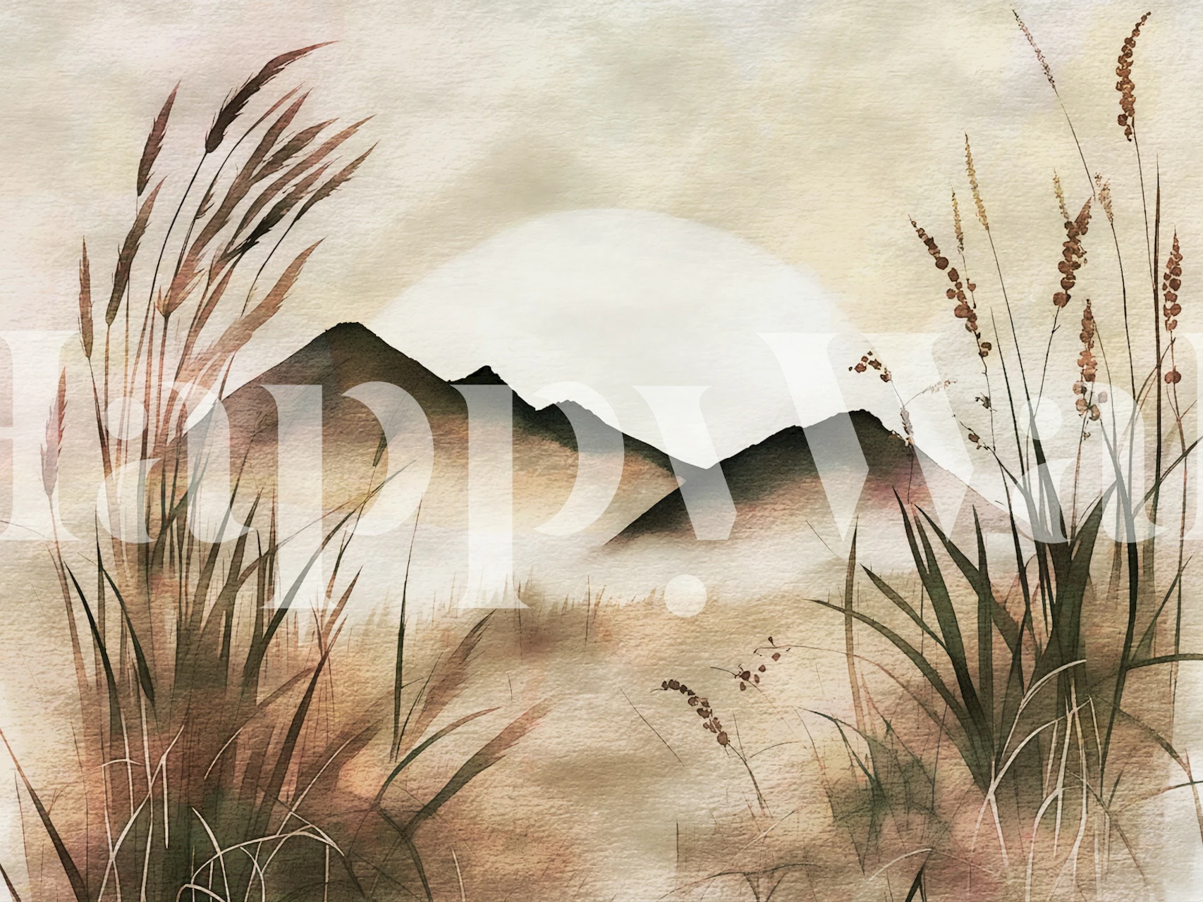 Fototapete im Japandi-Stil mit Grasland und Aquarell-Bergkulisse